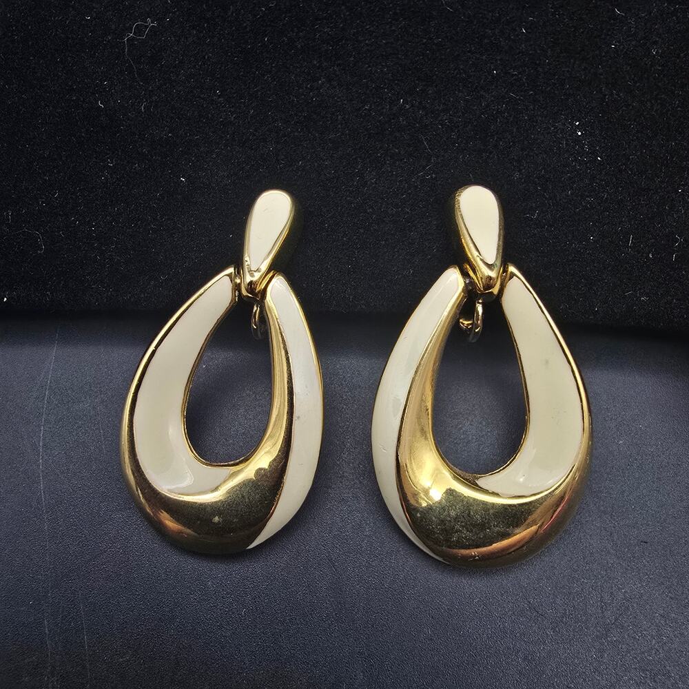 TAT Gold Tone Cream Enamel Tear Drop Door Knocker Earrings Vintage 1990s